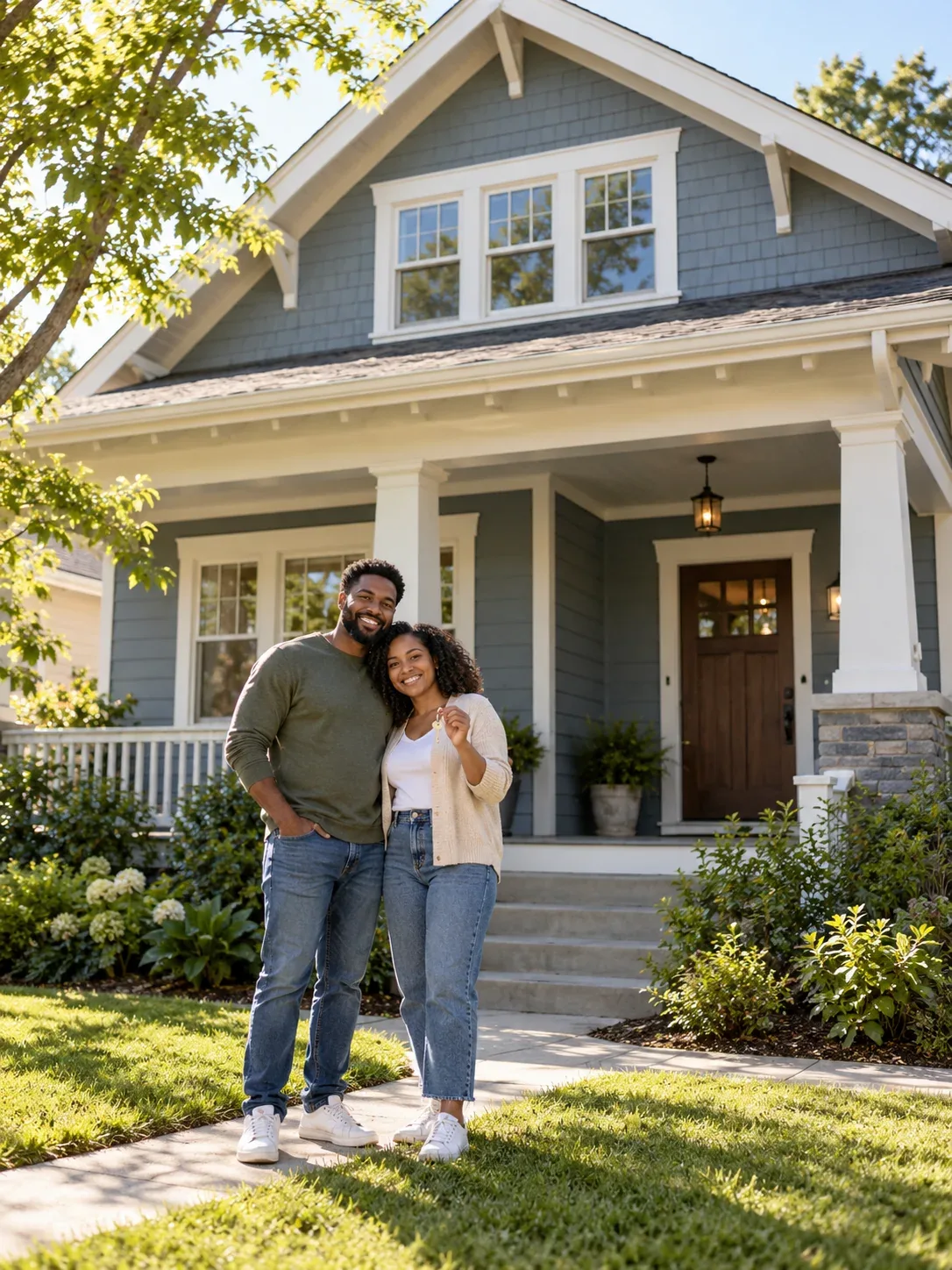 A couple outside an attainable home